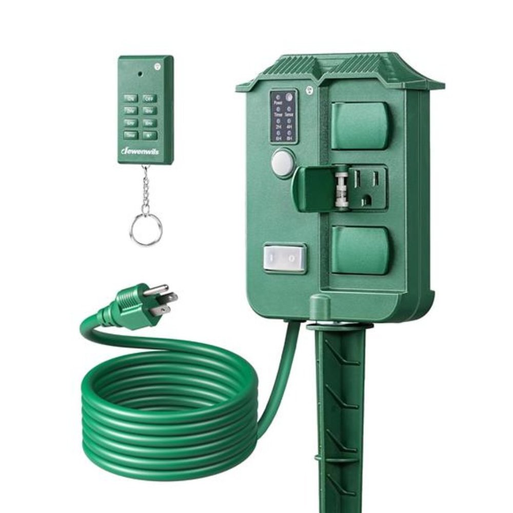 Outdoor Power Stake Timer Waterproof, 100FT Wireless Remote Control, 6 Outlets